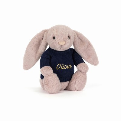 Jellycat Bashful Luxe Konijn Rosa with Navy Jumper | FO3670819